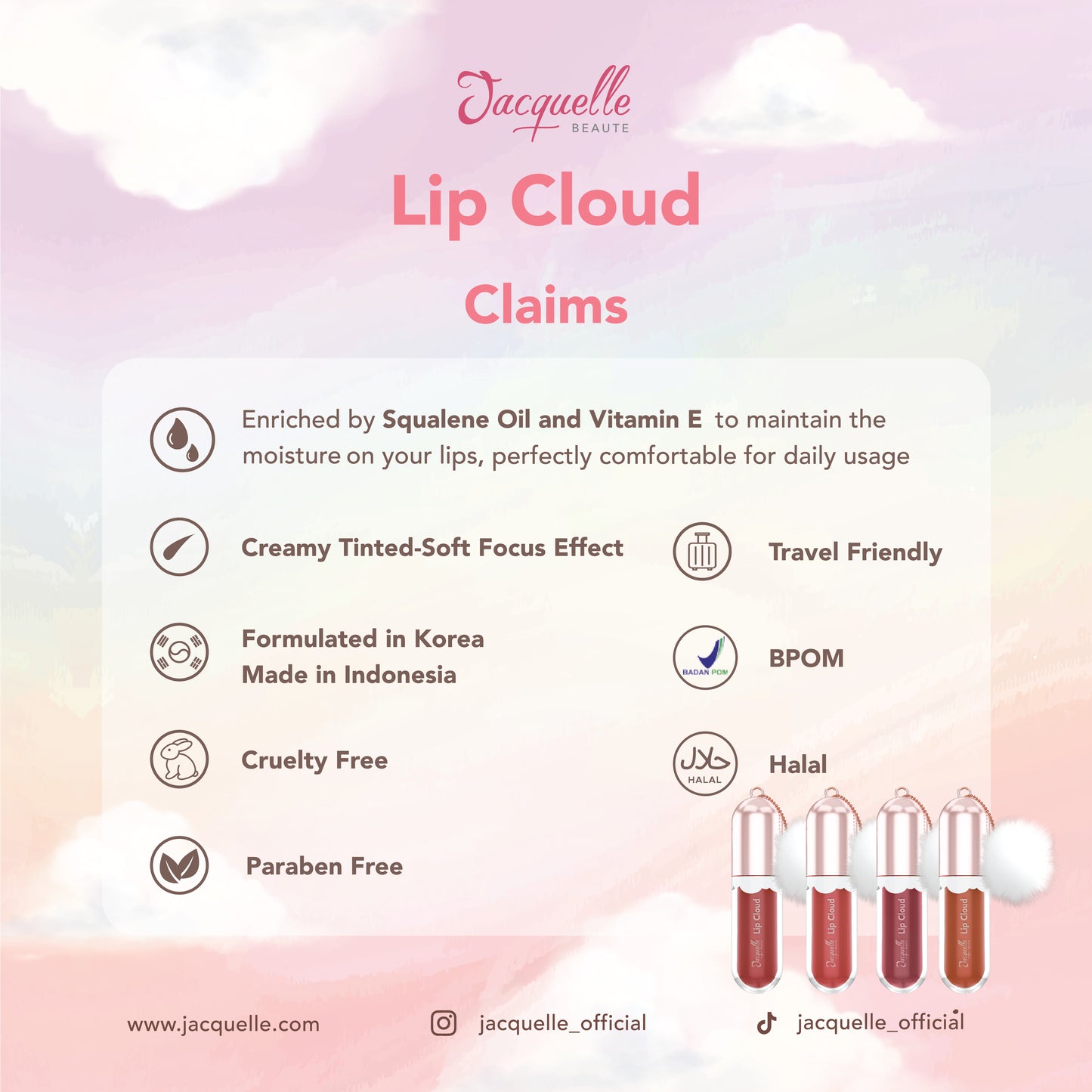 Jacquelle Lip Cloud (Hybrid Lip Cream & Lip Care) - Satin Finish Lip Eye Cheek - Moon