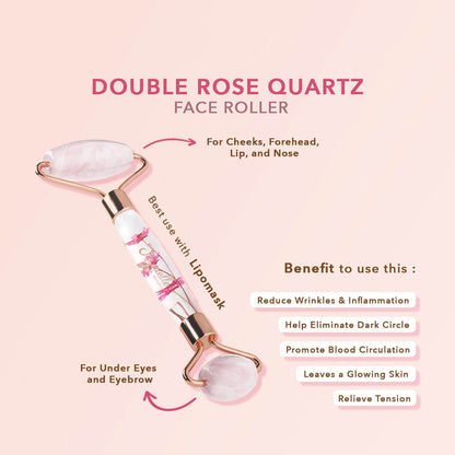 Jacquelle Two Sided Rose Quartz Face Roller Massager - Jade Roller 2In1 Untuk Wajah