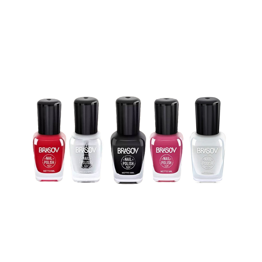 Brasov Nail Polish Single Colours : #01 (White), #37 (Red), #64 (Maroon), #65 (Clear), #104 (Black), #109 (Pink) | 12 Pcs / Box